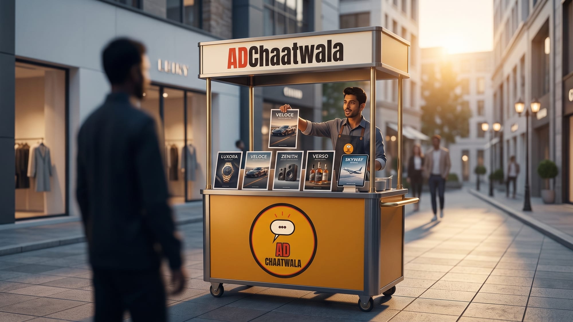 A street cart branded AdChaatwala, its rack hung with spec ad posters, set on a city street.